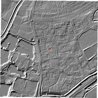 Shaded relief map of the ground around YO88RL, computed from Environment Agency LiDAR. The ground here sits at about 6 m above sea level and falls 6 m across the surrounding 800 m. Surface water reaching this point runs off ground lying to the south-south-west, 1.2 m higher.