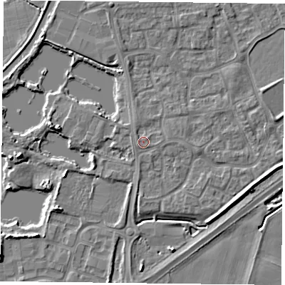 Shaded relief map of the ground around YO88RN, computed from Environment Agency LiDAR. The ground here sits at about 6 m above sea level and falls 6 m across the surrounding 800 m. Surface water reaching this point runs off ground lying to the west-south-west, 0.7 m higher.