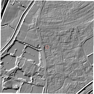 Shaded relief map of the ground around YO88RP, computed from Environment Agency LiDAR. The ground here sits at about 6 m above sea level and falls 6 m across the surrounding 800 m. Surface water reaching this point runs off ground lying to the north-north-west, 1.6 m higher.