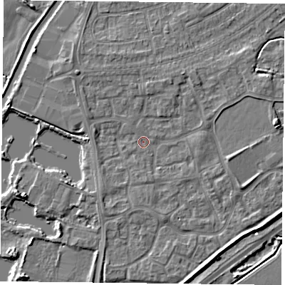 Shaded relief map of the ground around YO88RQ, computed from Environment Agency LiDAR. The ground here sits at about 6 m above sea level and falls 6 m across the surrounding 800 m. Surface water reaching this point runs off ground lying to the north-west, 2.2 m higher.