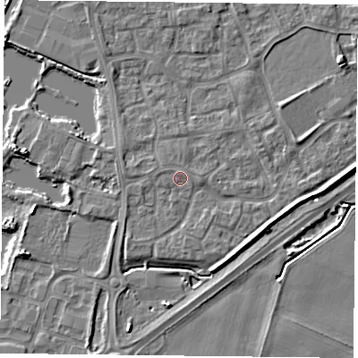 Shaded relief map of the ground around YO88RR, computed from Environment Agency LiDAR. The ground here sits at about 6 m above sea level and falls 6 m across the surrounding 800 m. Surface water reaching this point runs off ground lying to the west-north-west, 0.8 m higher.