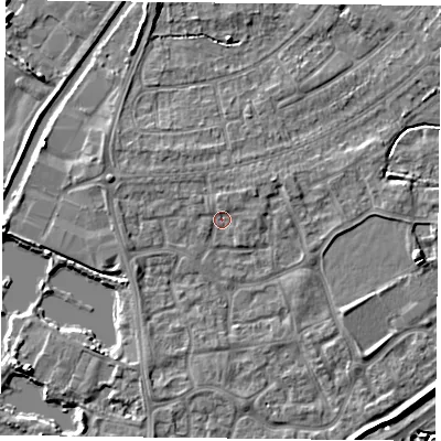 Shaded relief map of the ground around YO88RS, computed from Environment Agency LiDAR. The ground here sits at about 6 m above sea level and falls 5 m across the surrounding 800 m. Surface water reaching this point runs off ground lying to the east, 0.9 m higher.