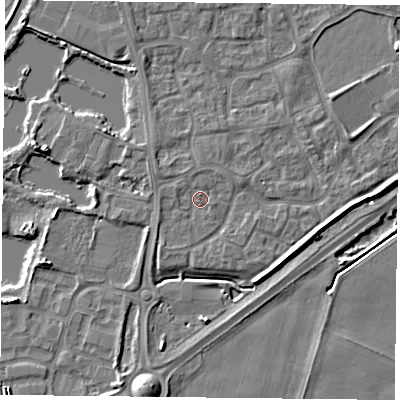 Shaded relief map of the ground around YO88RT, computed from Environment Agency LiDAR. The ground here sits at about 6 m above sea level and falls 6 m across the surrounding 800 m. Surface water reaching this point runs off ground lying to the west-north-west, 1.0 m higher.