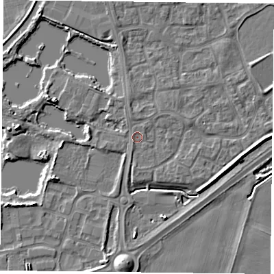 Shaded relief map of the ground around YO88RU, computed from Environment Agency LiDAR. The ground here sits at about 6 m above sea level and falls 6 m across the surrounding 800 m. Surface water reaching this point runs off ground lying to the south-south-west, 0.8 m higher.