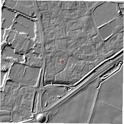 Shaded relief map of the ground around YO88RW, computed from Environment Agency LiDAR. The ground here sits at about 6 m above sea level and falls 6 m across the surrounding 800 m. Surface water reaching this point runs off ground lying to the west-north-west, 1.1 m higher.