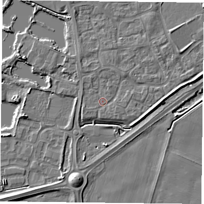Shaded relief map of the ground around YO88RX, computed from Environment Agency LiDAR. The ground here sits at about 6 m above sea level and falls 9 m across the surrounding 800 m. Surface water reaching this point runs off ground lying to the north-north-west, 1.0 m higher.