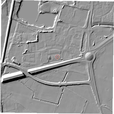 Shaded relief map of the ground around YO88RY, computed from Environment Agency LiDAR. The ground here sits at about 6 m above sea level and falls 13 m across the surrounding 800 m. Surface water reaching this point runs off ground lying to the south-west, 7.3 m higher.