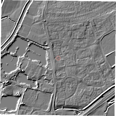 Shaded relief map of the ground around YO88RZ, computed from Environment Agency LiDAR. The ground here sits at about 6 m above sea level and falls 6 m across the surrounding 800 m. Surface water reaching this point runs off ground lying to the south, 1.3 m higher.