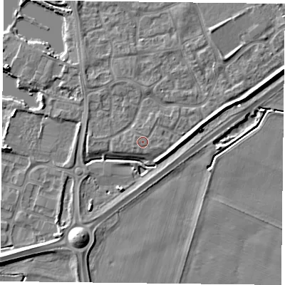 Shaded relief map of the ground around YO88SA, computed from Environment Agency LiDAR. The ground here sits at about 6 m above sea level and falls 6 m across the surrounding 800 m. Surface water reaching this point runs off ground lying to the east-south-east, 0.6 m higher.