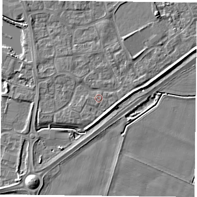 Shaded relief map of the ground around YO88SB, computed from Environment Agency LiDAR. The ground here sits at about 6 m above sea level and falls 6 m across the surrounding 800 m. Surface water reaching this point runs off ground lying to the east-north-east, 0.6 m higher.