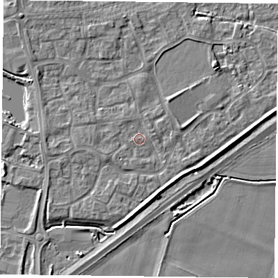 Shaded relief map of the ground around YO88SD, computed from Environment Agency LiDAR. The ground here sits at about 6 m above sea level and falls 5 m across the surrounding 800 m. Surface water reaching this point runs off ground lying to the south, 2.9 m higher.