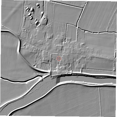 Shaded relief map of the ground around YO88SE, computed from Environment Agency LiDAR. The ground here sits at about 8 m above sea level and falls 6 m across the surrounding 800 m. Surface water reaching this point runs off ground lying to the east-south-east, 0.6 m higher.