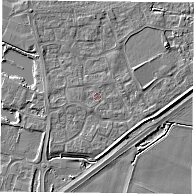Shaded relief map of the ground around YO88SG, computed from Environment Agency LiDAR. The ground here sits at about 6 m above sea level and falls 5 m across the surrounding 800 m. Surface water reaching this point runs off ground lying to the north-west, 2.0 m higher.