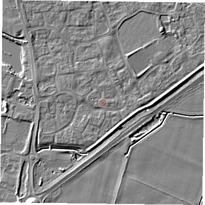 Shaded relief map of the ground around YO88SH, computed from Environment Agency LiDAR. The ground here sits at about 6 m above sea level and falls 6 m across the surrounding 800 m. Surface water reaching this point runs off ground lying to the north-north-west, 1.8 m higher.
