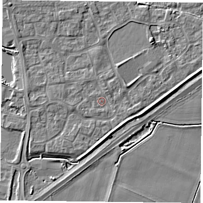 Shaded relief map of the ground around YO88SL, computed from Environment Agency LiDAR. The ground here sits at about 6 m above sea level and falls 5 m across the surrounding 800 m. Surface water reaching this point runs off ground lying to the south-south-west, 2.9 m higher.