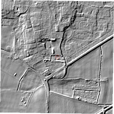 Shaded relief map of the ground around YO88SP, computed from Environment Agency LiDAR. The ground here sits at about 5 m above sea level and falls 5 m across the surrounding 800 m. Surface water reaching this point runs off ground lying to the north-west, 3.2 m higher.