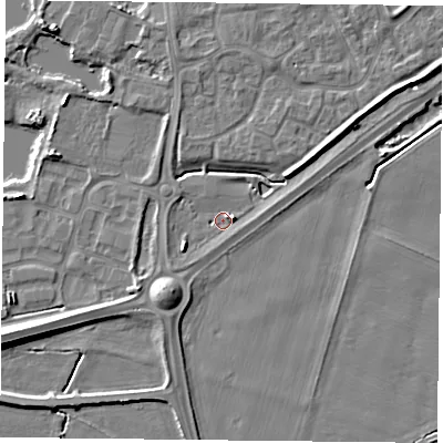 Shaded relief map of the ground around YO88SQ, computed from Environment Agency LiDAR. The ground here sits at about 5 m above sea level and falls 9 m across the surrounding 800 m. Surface water reaching this point runs off ground lying to the east-north-east, 2.9 m higher.