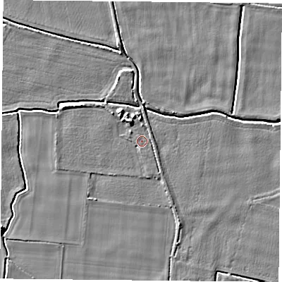 Shaded relief map of the ground around YO88SR, computed from Environment Agency LiDAR. The ground here sits at about 7 m above sea level and falls 5 m across the surrounding 800 m. Surface water reaching this point runs off ground lying to the west, 1.2 m higher.