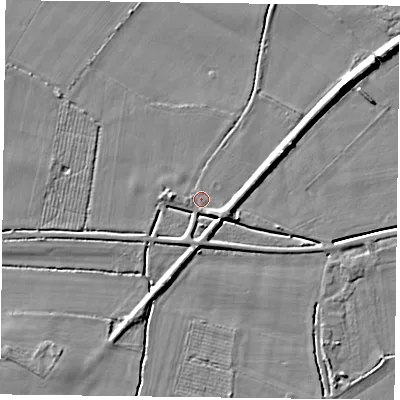 Shaded relief map of the ground around YO88TA, computed from Environment Agency LiDAR. The ground here sits at about 4 m above sea level and falls 7 m across the surrounding 800 m. Surface water reaching this point runs off ground lying to the south-east, 4.1 m higher.