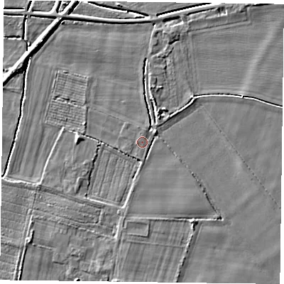 Shaded relief map of the ground around YO88TB, computed from Environment Agency LiDAR. The ground here sits at about 4 m above sea level and falls 4 m across the surrounding 800 m. Surface water reaching this point runs off ground lying to the south-west, 0.5 m higher.