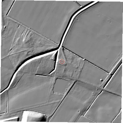 Shaded relief map of the ground around YO88TE, computed from Environment Agency LiDAR. The ground here sits at about 5 m above sea level and falls 14 m across the surrounding 800 m. Surface water reaching this point runs off ground lying to the south-south-east, 1.3 m higher.