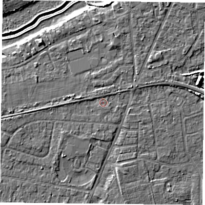 Shaded relief map of the ground around YO89AA, computed from Environment Agency LiDAR. The ground here sits at about 6 m above sea level and falls 8 m across the surrounding 800 m. Surface water reaching this point runs off ground lying to the west, 1.2 m higher.