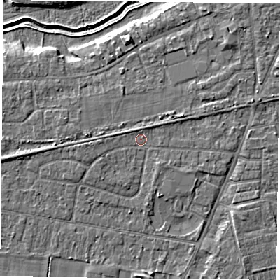 Shaded relief map of the ground around YO89AB, computed from Environment Agency LiDAR. The ground here sits at about 6 m above sea level and falls 5 m across the surrounding 800 m. Surface water reaching this point runs off ground lying to the west, 1.1 m higher.