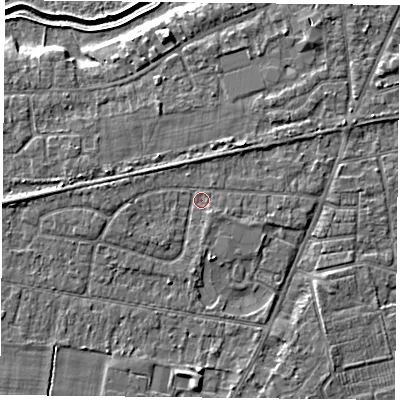 Shaded relief map of the ground around YO89AD, computed from Environment Agency LiDAR. The ground here sits at about 6 m above sea level and falls 5 m across the surrounding 800 m. Surface water reaching this point runs off ground lying to the west, 1.2 m higher.