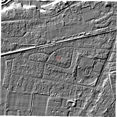 Shaded relief map of the ground around YO89AE, computed from Environment Agency LiDAR. The ground here sits at about 6 m above sea level and falls 5 m across the surrounding 800 m. Surface water reaching this point runs off ground lying to the north-west, 1.1 m higher.
