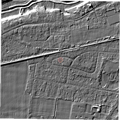 Shaded relief map of the ground around YO89AF, computed from Environment Agency LiDAR. The ground here sits at about 6 m above sea level and falls 5 m across the surrounding 800 m. Surface water reaching this point runs off ground lying to the north-east, 1.0 m higher.
