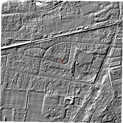 Shaded relief map of the ground around YO89AG, computed from Environment Agency LiDAR. The ground here sits at about 6 m above sea level and falls 5 m across the surrounding 800 m. Surface water reaching this point runs off ground lying to the north-west, 1.4 m higher.