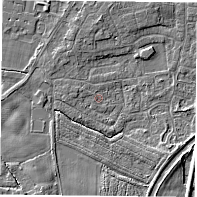 Shaded relief map of the ground around YO89AH, computed from Environment Agency LiDAR. The ground here sits at about 5 m above sea level and falls 6 m across the surrounding 800 m. Surface water reaching this point runs off ground lying to the west, 1.5 m higher.