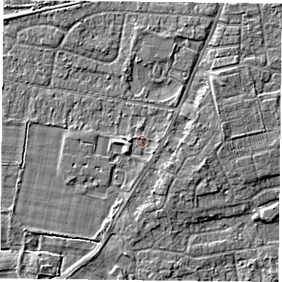 Shaded relief map of the ground around YO89AJ, computed from Environment Agency LiDAR. The ground here sits at about 6 m above sea level and falls 3 m across the surrounding 800 m. Surface water reaching this point runs off ground lying to the east, 1.0 m higher.