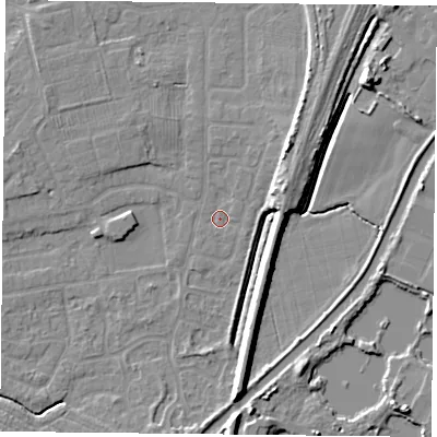 Shaded relief map of the ground around YO89AL, computed from Environment Agency LiDAR. The ground here sits at about 4 m above sea level and falls 7 m across the surrounding 800 m. Surface water reaching this point runs off ground lying to the south, 7.3 m higher.
