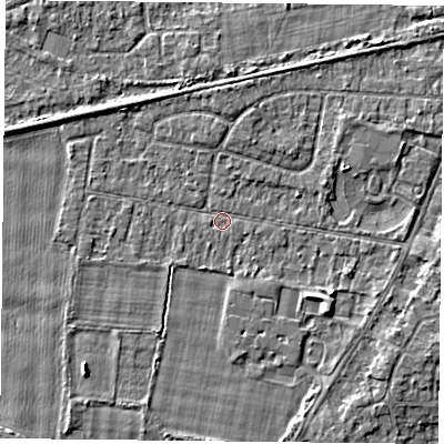 Shaded relief map of the ground around YO89AN, computed from Environment Agency LiDAR. The ground here sits at about 5 m above sea level and falls 3 m across the surrounding 800 m. The ground contributing surface water to this point lies to the west.