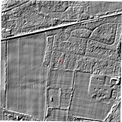 Shaded relief map of the ground around YO89AP, computed from Environment Agency LiDAR. The ground here sits at about 6 m above sea level and falls 4 m across the surrounding 800 m. Surface water reaching this point runs off ground lying to the south-west, 0.6 m higher.