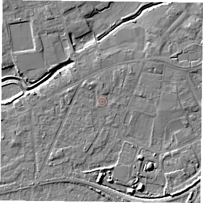 Shaded relief map of the ground around YO89AQ, computed from Environment Agency LiDAR. The ground here sits at about 6 m above sea level and falls 9 m across the surrounding 800 m. Surface water reaching this point runs off ground lying to the north-west, 1.4 m higher.