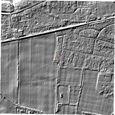 Shaded relief map of the ground around YO89AR, computed from Environment Agency LiDAR. The ground here sits at about 6 m above sea level and falls 5 m across the surrounding 800 m. The ground contributing surface water to this point lies to the south-south-east.