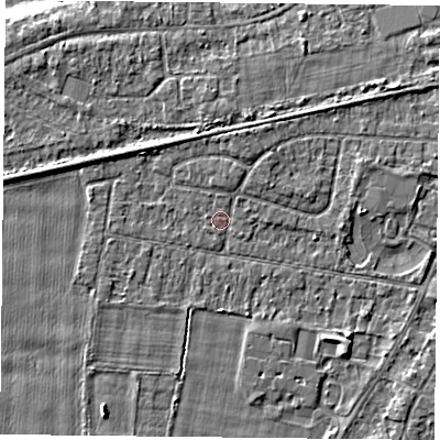 Shaded relief map of the ground around YO89AS, computed from Environment Agency LiDAR. The ground here sits at about 6 m above sea level and falls 5 m across the surrounding 800 m. Surface water reaching this point runs off ground lying to the south-south-west, 2.8 m higher.
