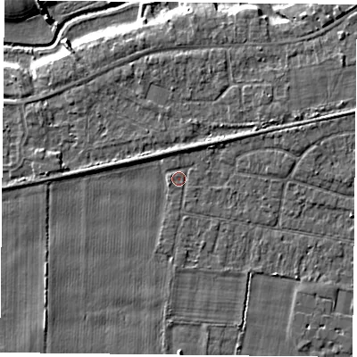 Shaded relief map of the ground around YO89AT, computed from Environment Agency LiDAR. The ground here sits at about 6 m above sea level and falls 6 m across the surrounding 800 m. Surface water reaching this point runs off ground lying to the south-west, 1.9 m higher.