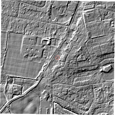 Shaded relief map of the ground around YO89AU, computed from Environment Agency LiDAR. The ground here sits at about 6 m above sea level and falls 4 m across the surrounding 800 m. Surface water reaching this point runs off ground lying to the east-north-east, 1.7 m higher.
