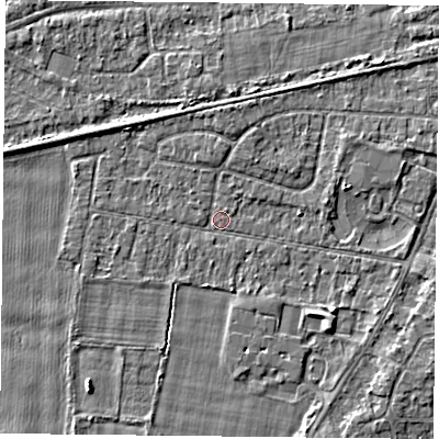 Shaded relief map of the ground around YO89AW, computed from Environment Agency LiDAR. The ground here sits at about 6 m above sea level and falls 3 m across the surrounding 800 m. Surface water reaching this point runs off ground lying to the south-west, 2.8 m higher.