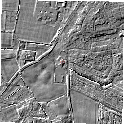 Shaded relief map of the ground around YO89AX, computed from Environment Agency LiDAR. The ground here sits at about 6 m above sea level and falls 4 m across the surrounding 800 m. Surface water reaching this point runs off ground lying to the north, 1.1 m higher.