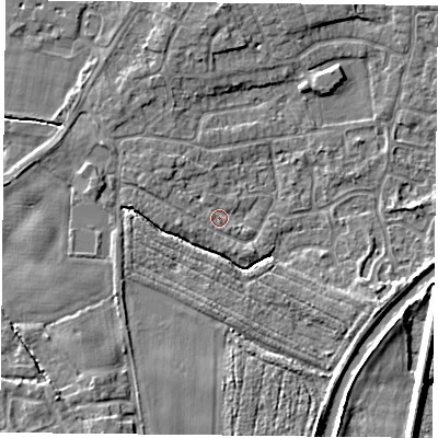 Shaded relief map of the ground around YO89AY, computed from Environment Agency LiDAR. The ground here sits at about 5 m above sea level and falls 6 m across the surrounding 800 m. Surface water reaching this point runs off ground lying to the west, 1.3 m higher.