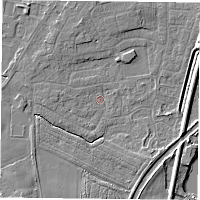 Shaded relief map of the ground around YO89AZ, computed from Environment Agency LiDAR. The ground here sits at about 4 m above sea level and falls 7 m across the surrounding 800 m. Surface water reaching this point runs off ground lying to the south-west, 3.5 m higher.