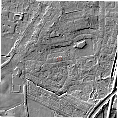 Shaded relief map of the ground around YO89BB, computed from Environment Agency LiDAR. The ground here sits at about 5 m above sea level and falls 7 m across the surrounding 800 m. Surface water reaching this point runs off ground lying to the west-south-west, 1.4 m higher.