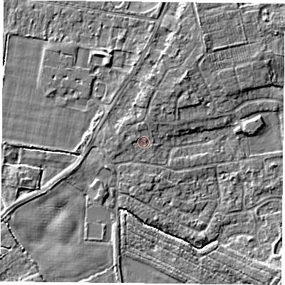 Shaded relief map of the ground around YO89BD, computed from Environment Agency LiDAR. The ground here sits at about 6 m above sea level and falls 4 m across the surrounding 800 m. Surface water reaching this point runs off ground lying to the west, 1.0 m higher.
