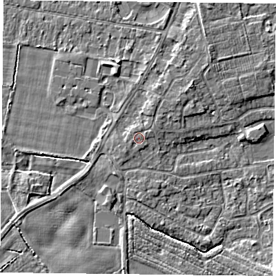 Shaded relief map of the ground around YO89BE, computed from Environment Agency LiDAR. The ground here sits at about 6 m above sea level and falls 4 m across the surrounding 800 m. The ground contributing surface water to this point lies to the south-west.