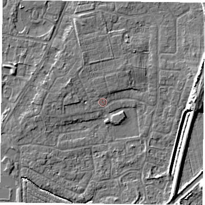 Shaded relief map of the ground around YO89BG, computed from Environment Agency LiDAR. The ground here sits at about 5 m above sea level and falls 7 m across the surrounding 800 m. Surface water reaching this point runs off ground lying to the west-north-west, 2.0 m higher.