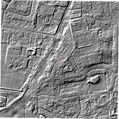 Shaded relief map of the ground around YO89BH, computed from Environment Agency LiDAR. The ground here sits at about 6 m above sea level and falls 4 m across the surrounding 800 m. Surface water reaching this point runs off ground lying to the east, 0.9 m higher.